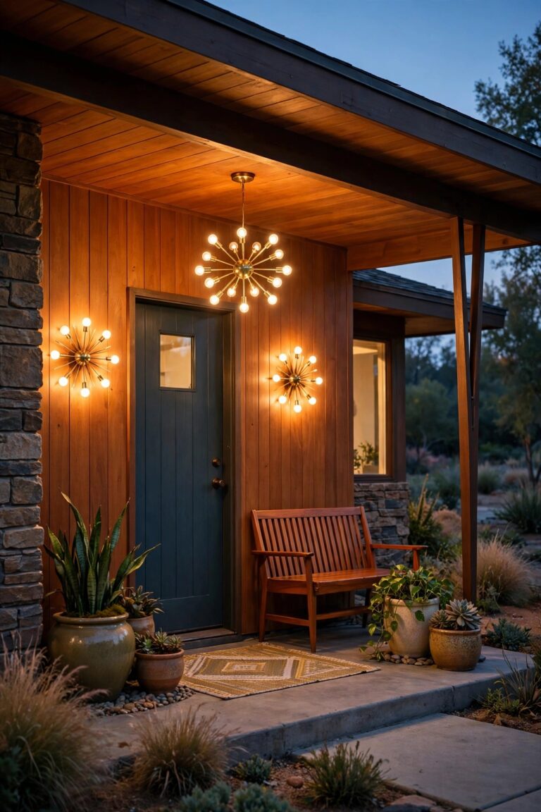 Mid-century modern ranch house porch at dusk with a sputnik pendant, starburst wall sconces, warm golden light, teak bench and ceramic planters