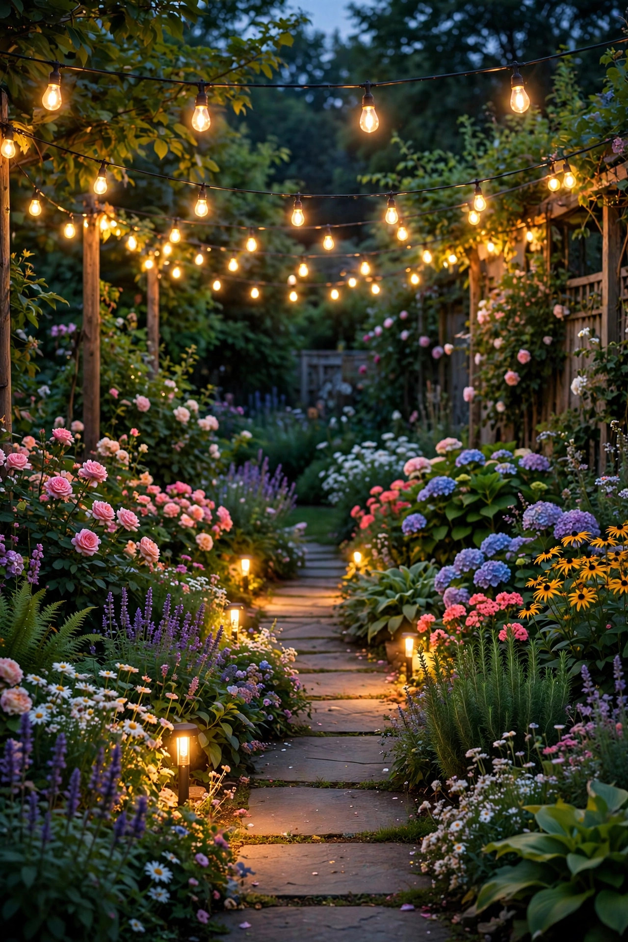 Lush midsummer garden at late dusk with warm string lights overhead, glowing path lights, and flower beds in full summer bloom