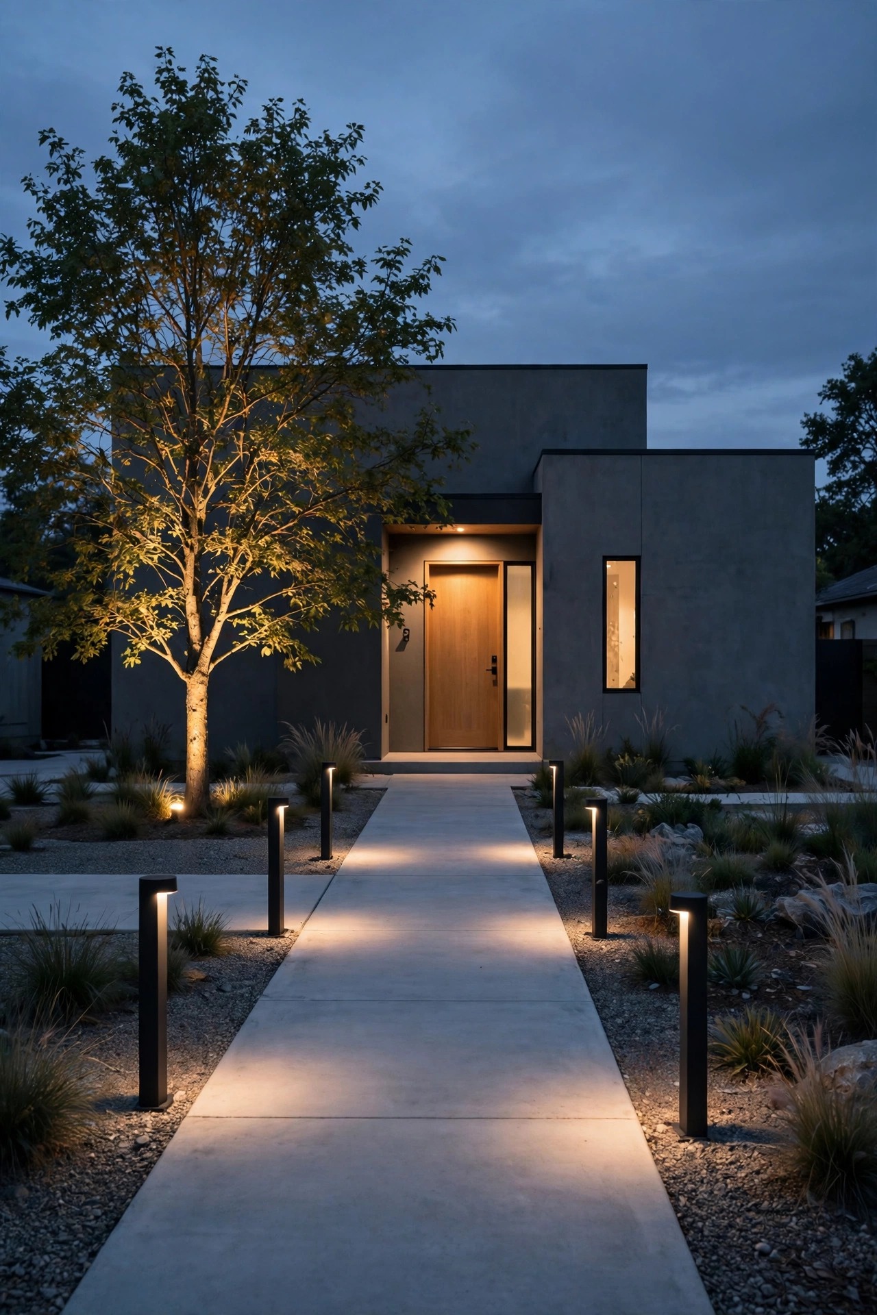 Minimalist front yard at dusk with low matte black bollard lights along a clean walkway, one uplit tree and a calm warm glow at the front door of a suburban home