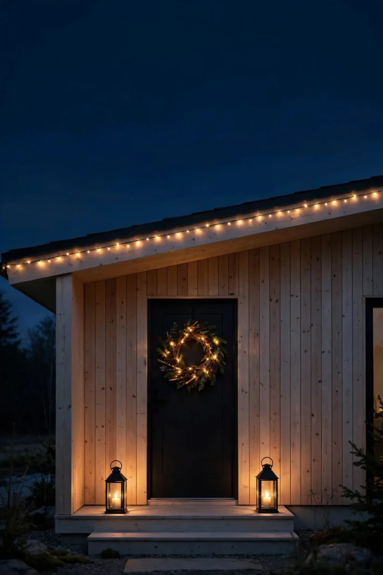 Minimalist house exterior at dusk with a single strand of warm-white roofline lights, one glowing wreath on the door and two lanterns on the steps