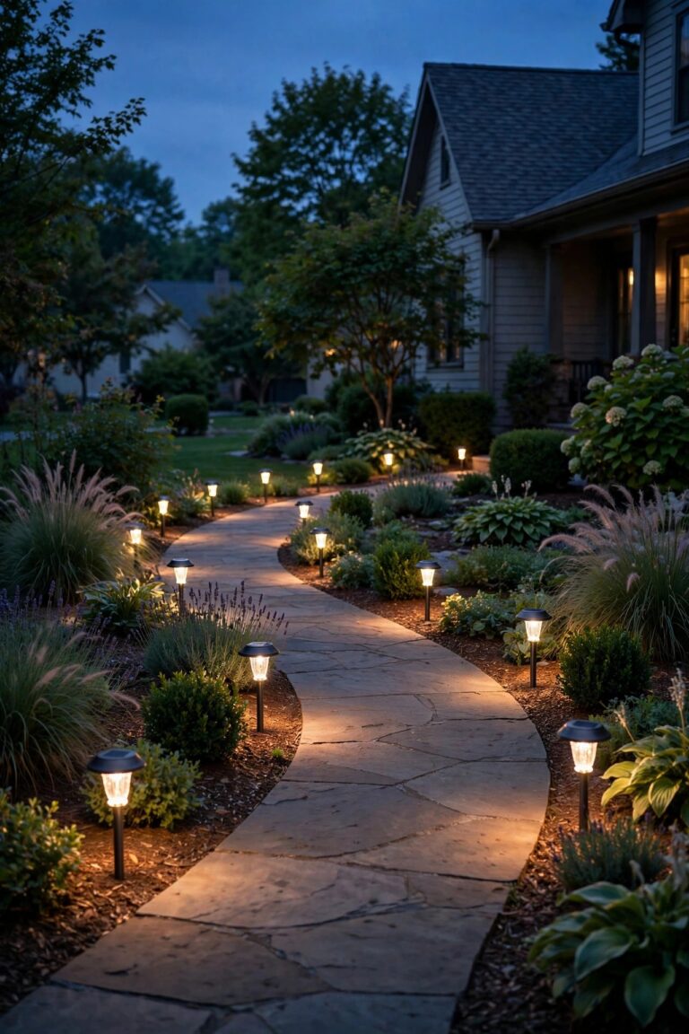 Warm white solar path lights glowing evenly along a curved garden path at dusk in a cozy suburban front yard