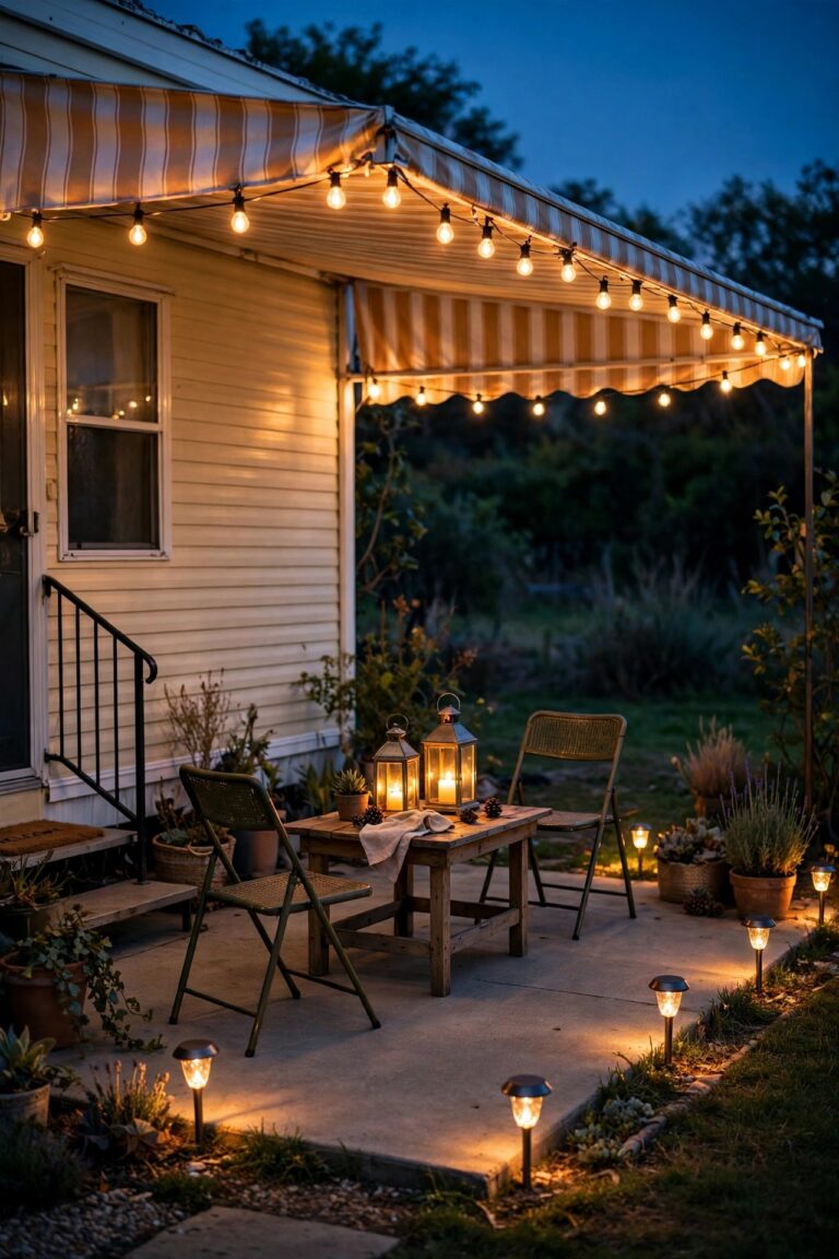 Mobile home patio at dusk with a fabric awning, warm cafe string lights clipped along the awning edge, lanterns on a small table, and solar path lights edging the concrete slab