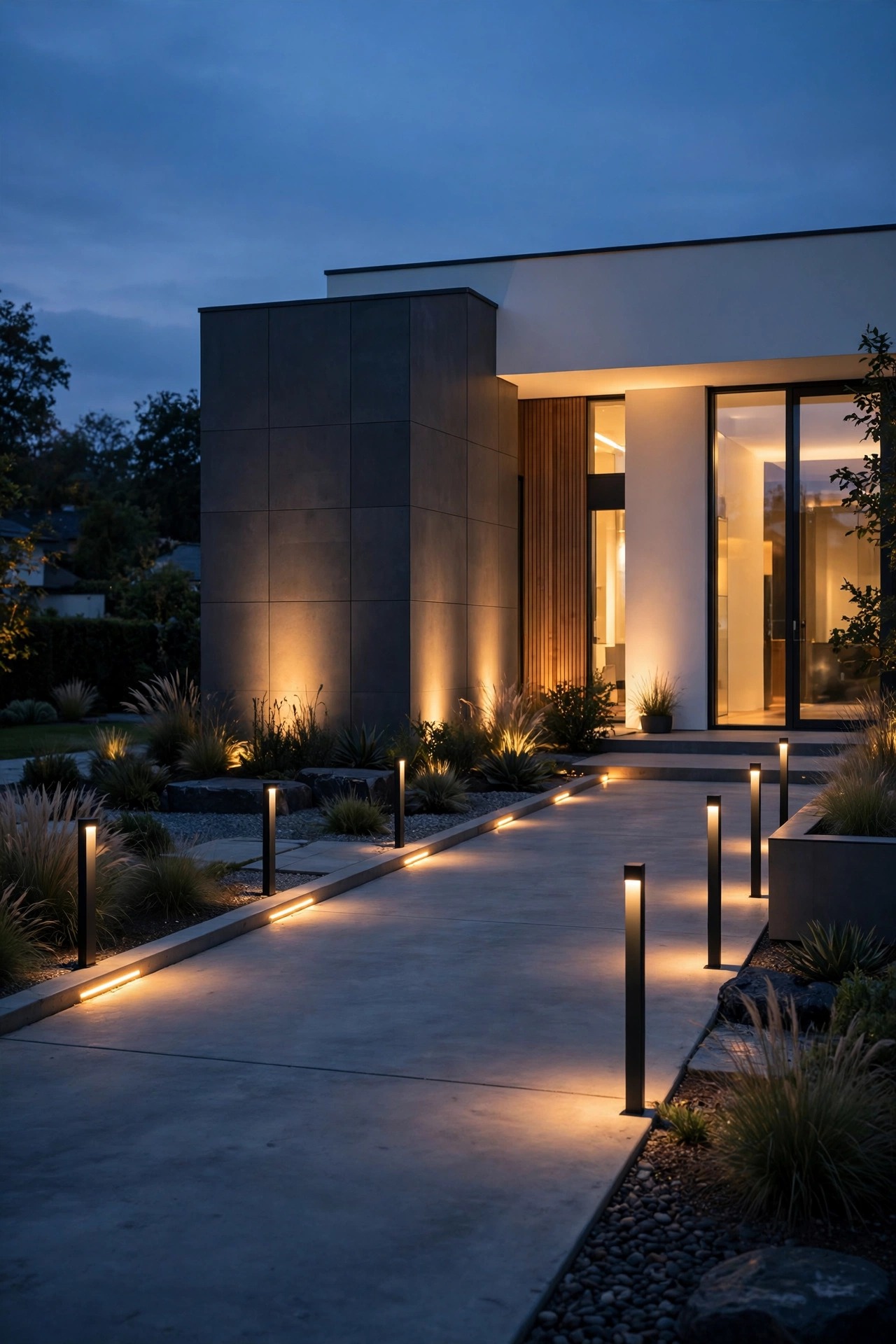Modern home driveway at dusk with slim black bollard lights, flush LED edge markers and warm light washing a clean lined facade