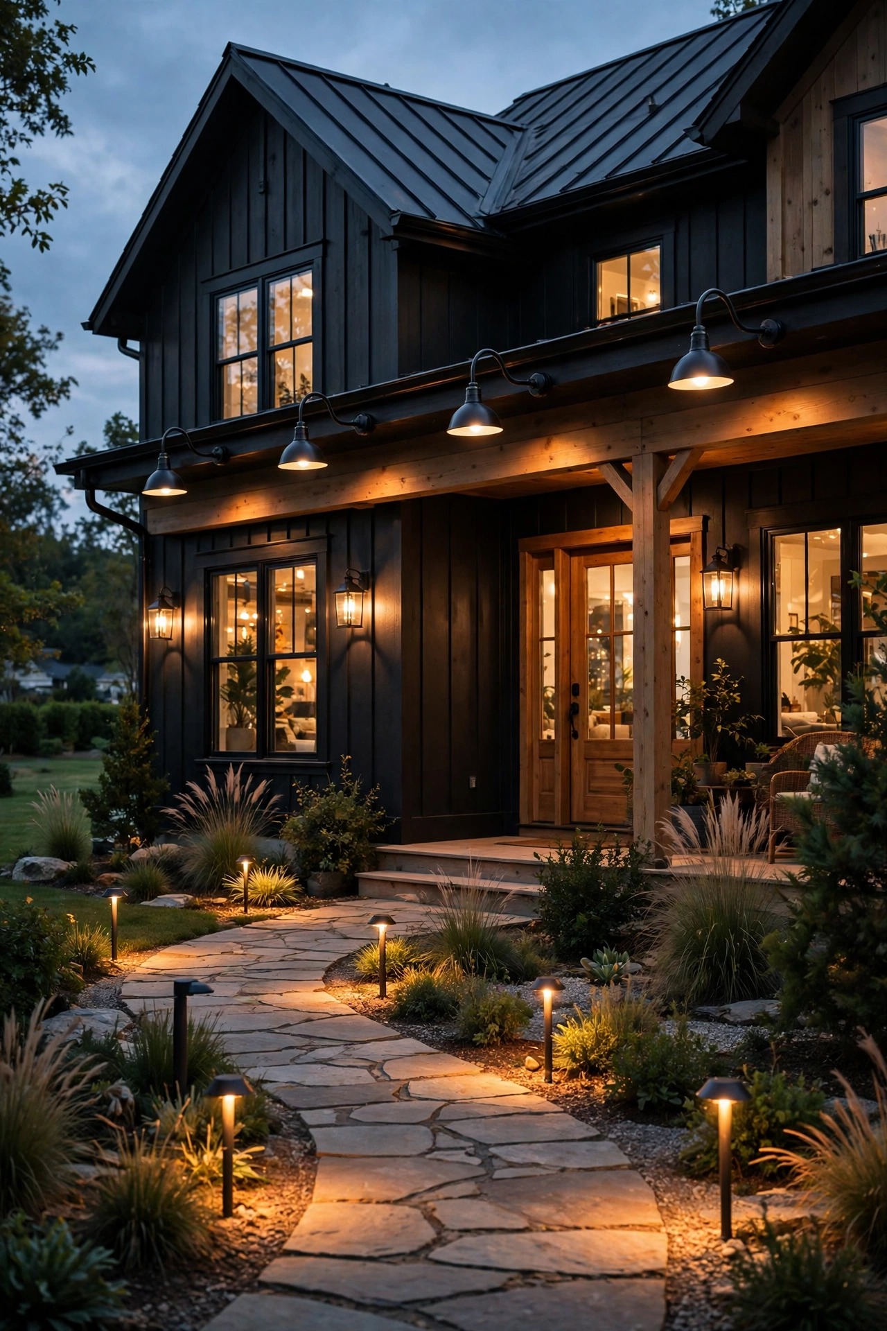 Modern farmhouse home at dusk with matte black gooseneck barn lights, warm lantern sconces, and glowing path lights along the walkway