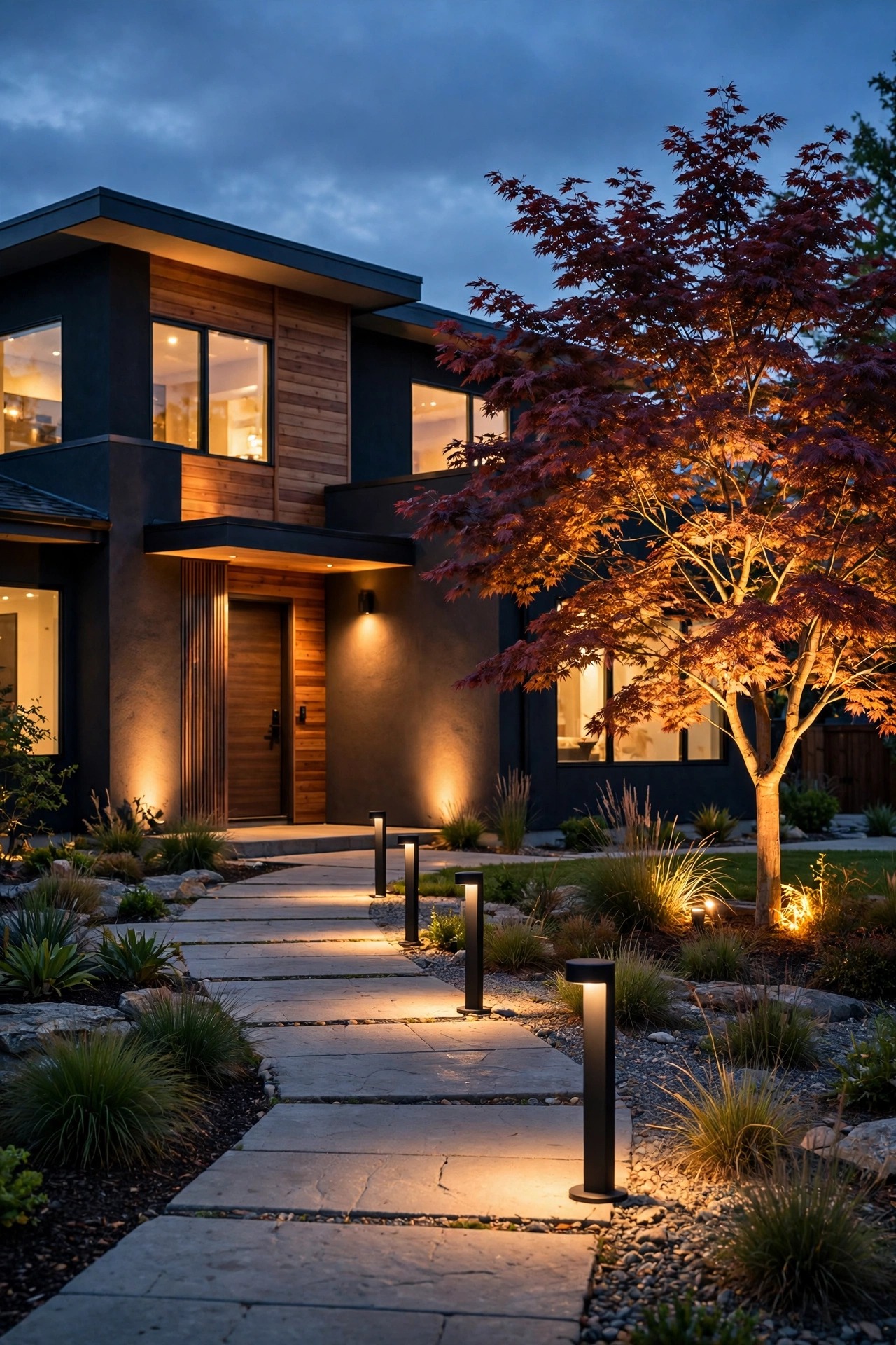 Modern suburban home front yard at dusk with sleek bollard path lights, warm facade wall wash and an uplighted ornamental tree