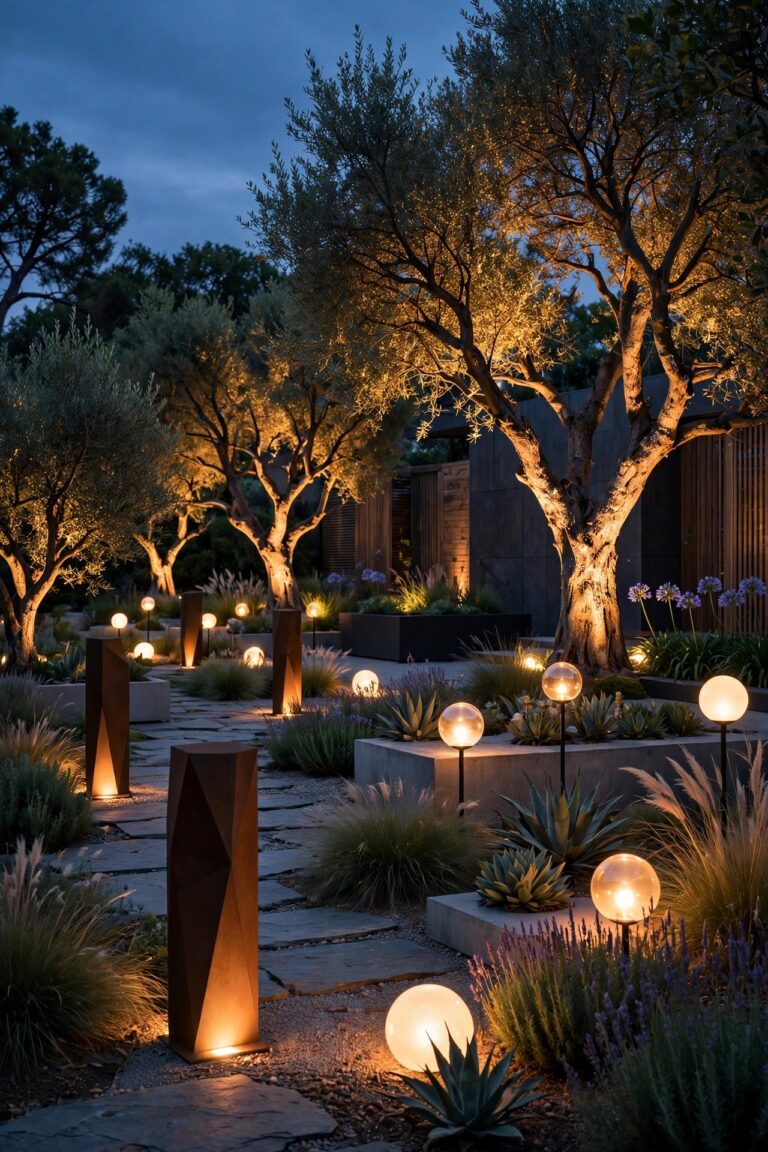Modern garden at dusk with glowing orb lights, sculptural bollards and warm uplighted trees creating a sculptural glow