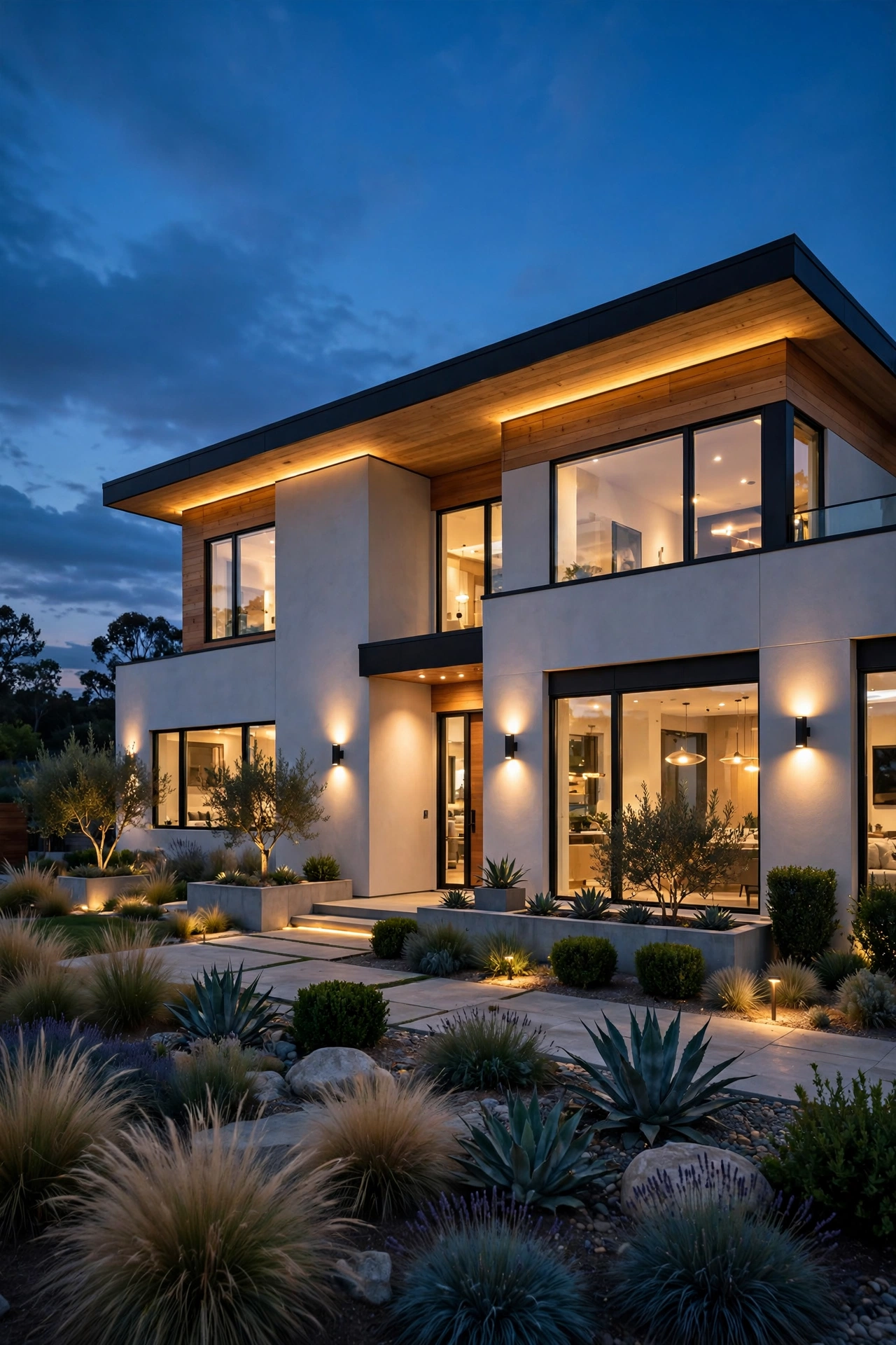 Sleek modern home exterior at dusk with slim LED sconces and recessed step lights glowing warmly