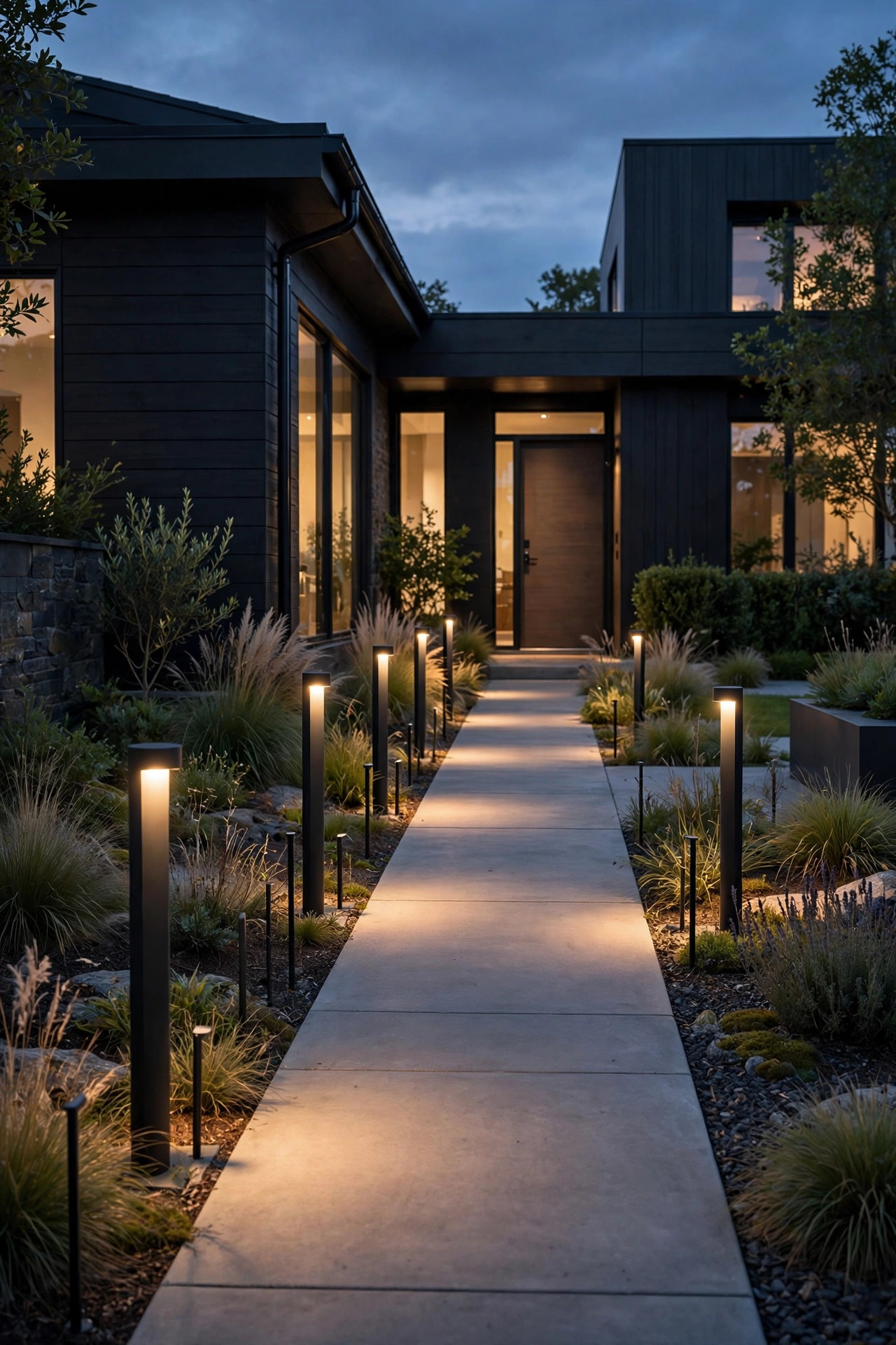 Modern suburban front walk at dusk lined with sleek matte-black bollard path lights and minimal stakes