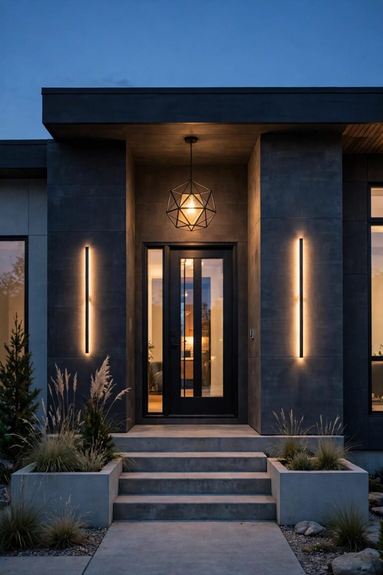 Modern home front porch at dusk with slim vertical bar sconces, a geometric pendant, warm 2700K glow, concrete steps and minimalist planters