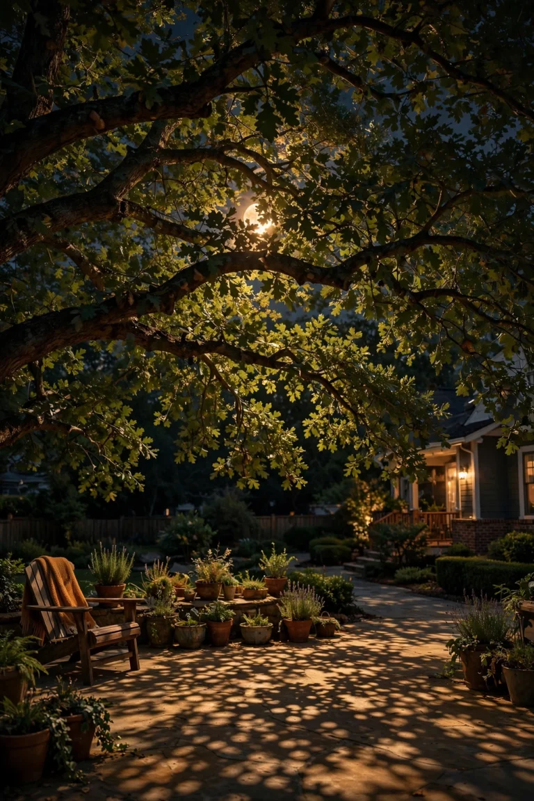 Large oak tree canopy at night with warm moonlighting glow filtering through branches, casting dappled shadows on a patio below