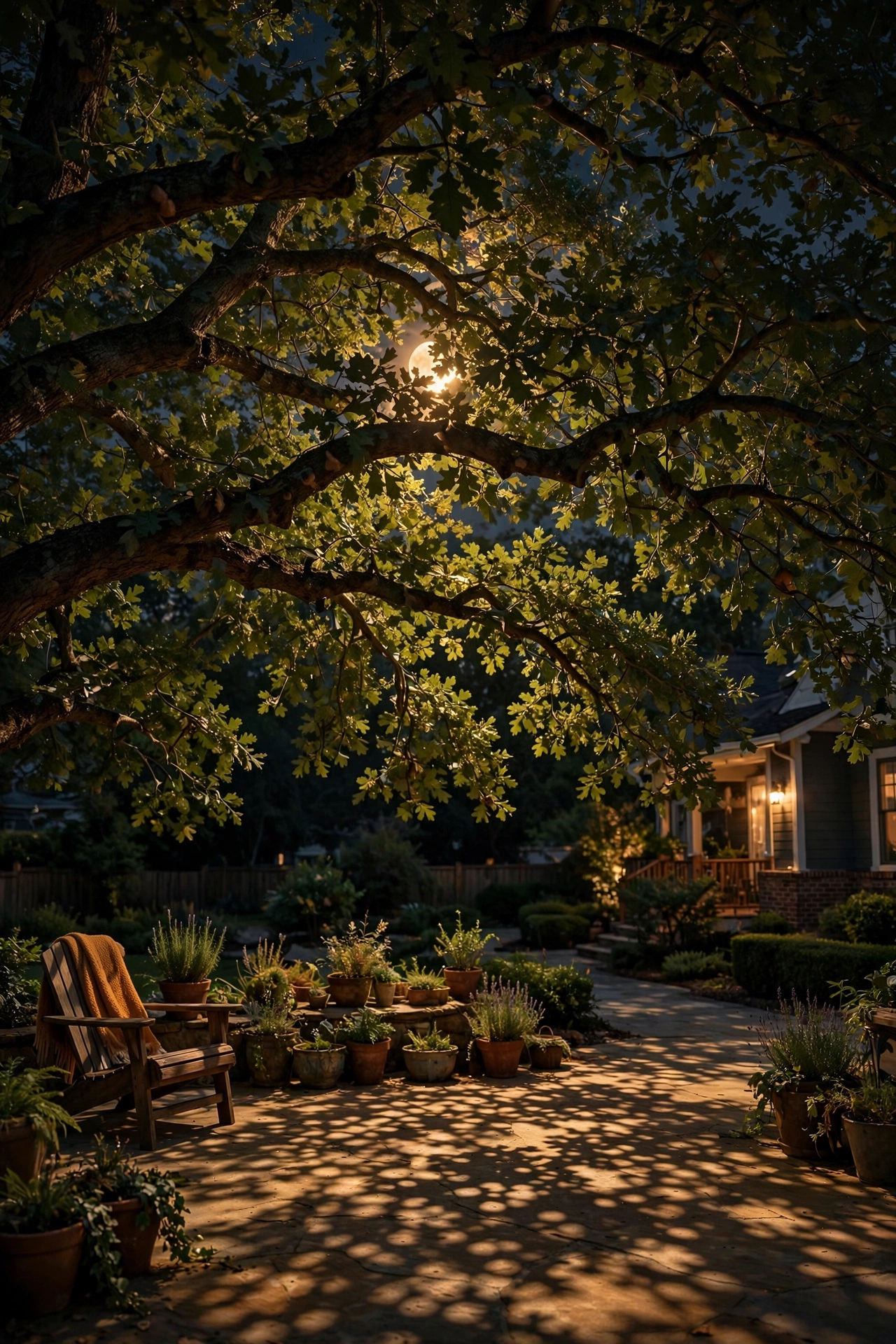 Large oak tree canopy at night with warm moonlighting glow filtering through branches, casting dappled shadows on a patio below