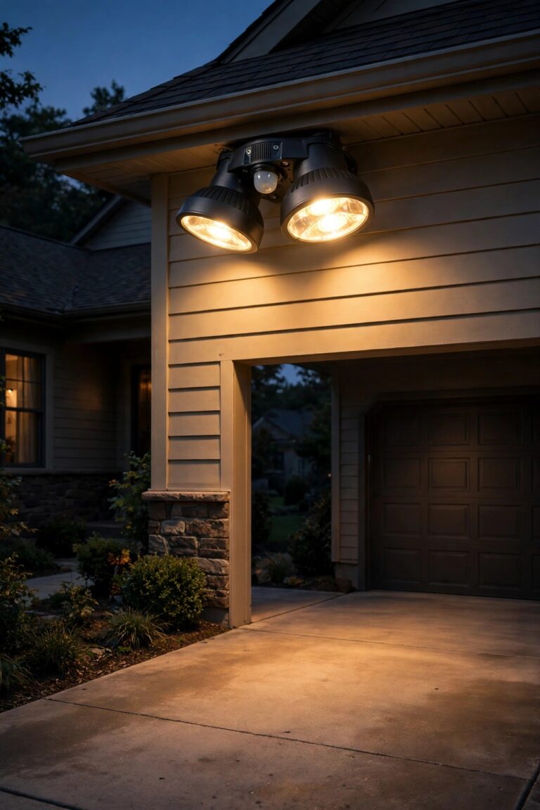 Dual-head LED motion sensor light glowing over a suburban driveway at night, warm white light, cozy home exterior at dusk