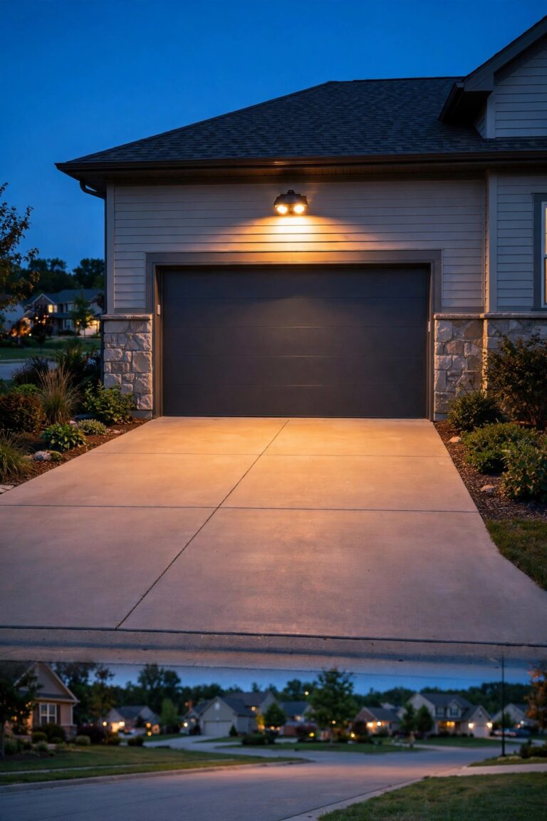Wide driveway at dusk with a motion sensor floodlight glowing warmly above a garage door, soft light washing across the driveway apron
