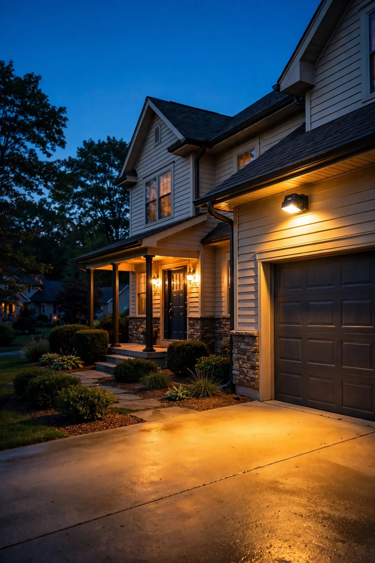 Warm dusk photograph of a cozy American suburban home with a glowing motion sensor floodlight washing the driveway in golden light, porch warmly lit, deep blue evening sky