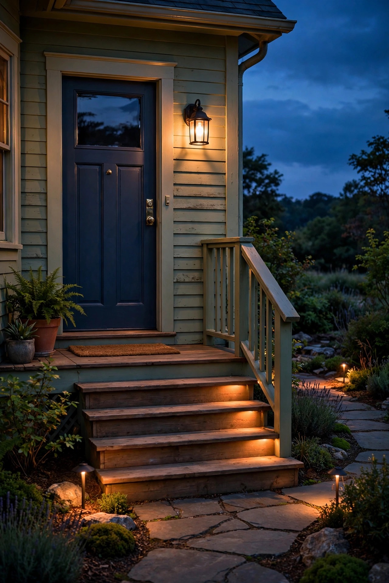 Cozy front porch at dusk with a warm motion sensor lantern glowing softly beside the front door, steps and walkway gently lit