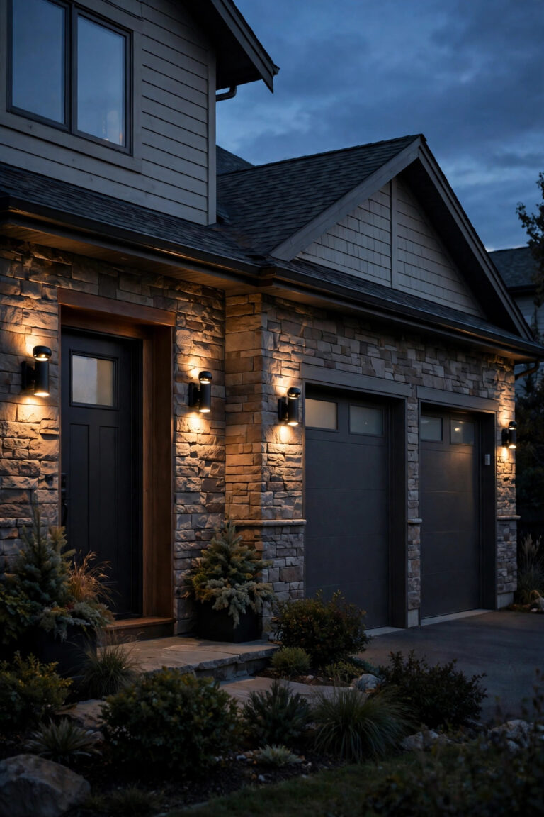 Warm glowing motion sensor sconces flanking a front door and garage at dusk, cozy suburban home exterior