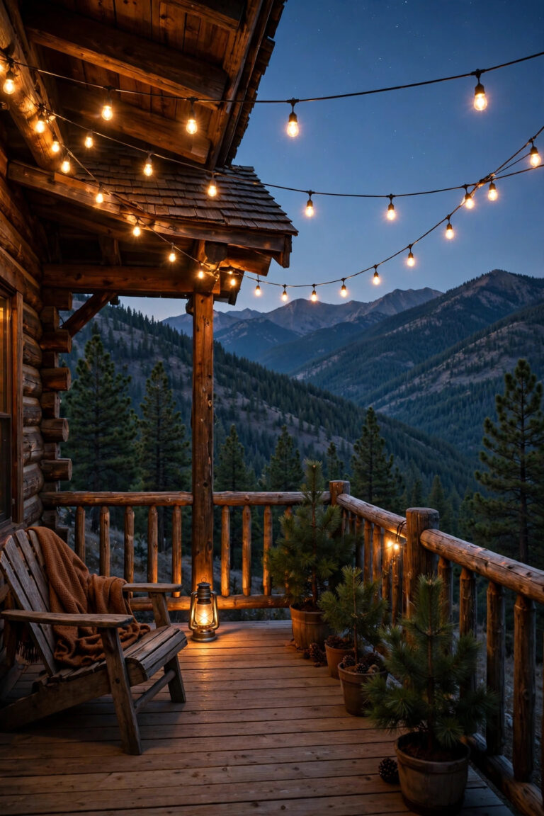 Mountain cabin deck at dusk with warm string lights, lantern glow, and early stars over pine-covered peaks