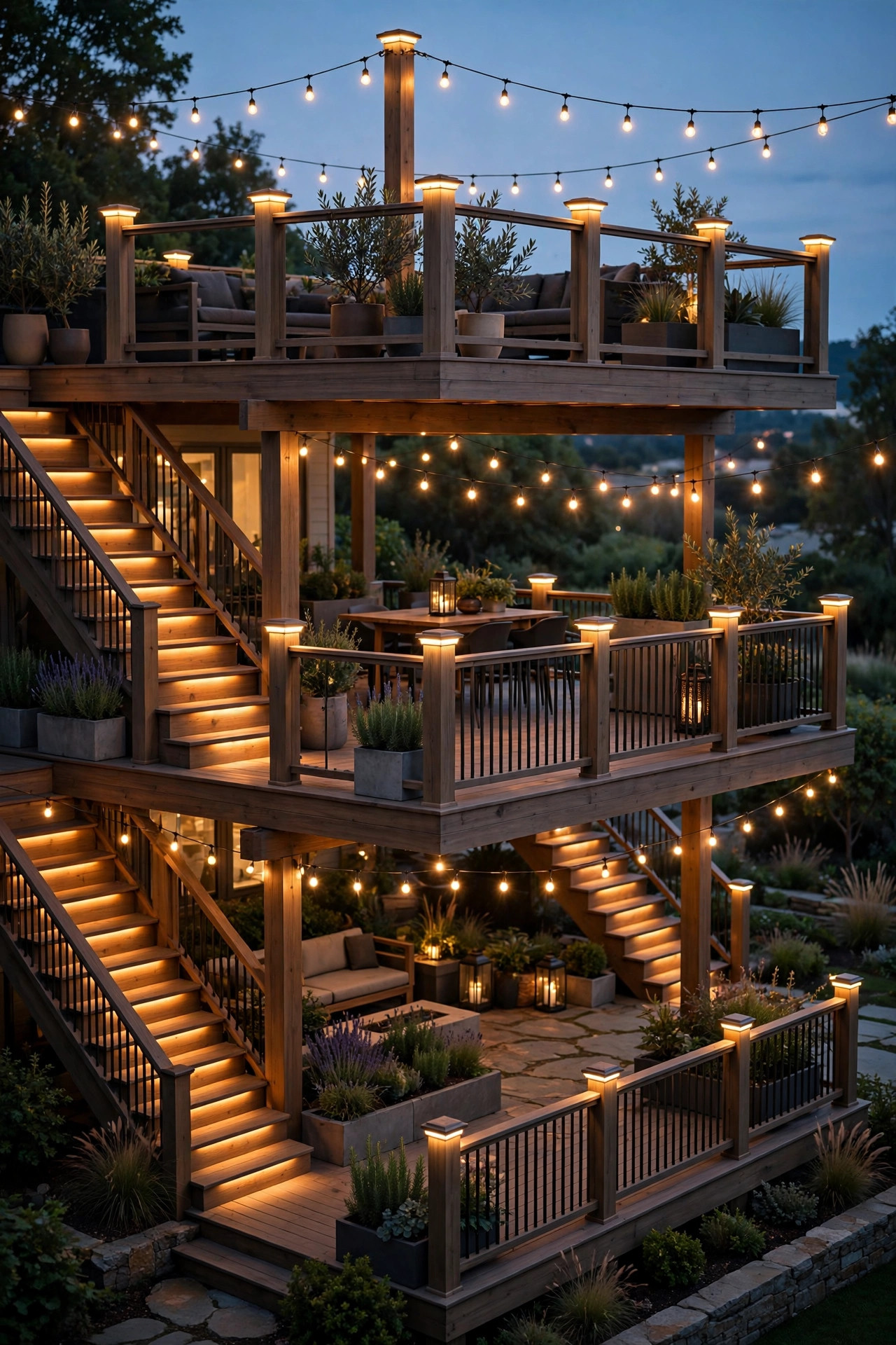 Multi level deck at dusk with warm stair lights, glowing post caps and string lights tying three tiers together