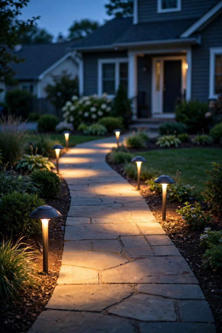 Mushroom path lights casting soft overlapping pools of warm light along a suburban front walkway at dusk