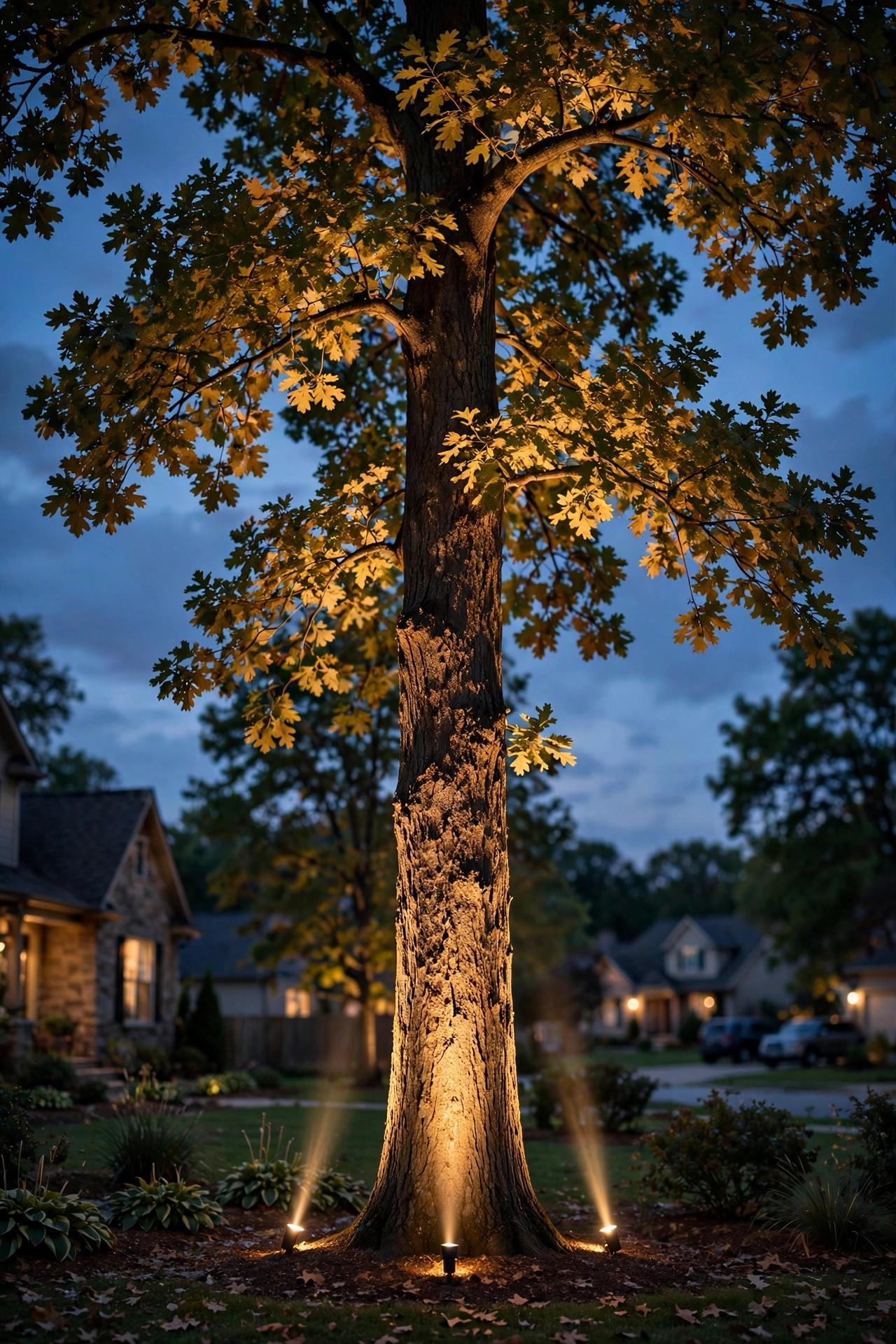 Tall oak tree lit from below by narrow beam spotlights at dusk, warm light climbing the trunk into the canopy of a suburban front yard