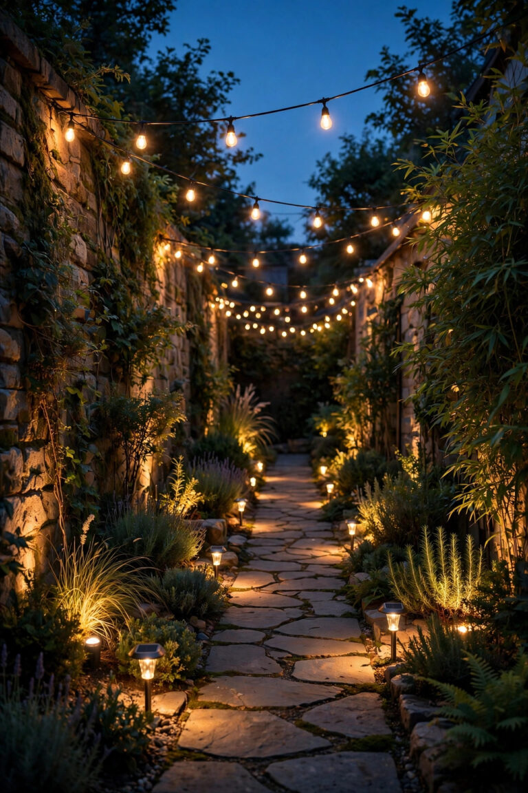 Narrow side garden at dusk glowing with layered warm lighting, solar path lights, string lights and uplighted plants along a stone path