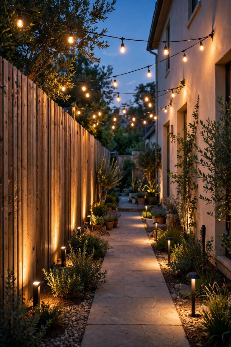 Narrow side yard at dusk with warm string lights overhead, fence-grazing uplights and low path lights making the tight passage feel wide and welcoming