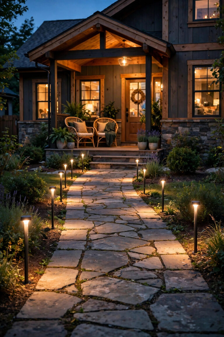 Narrow stone front walkway at dusk lined with slim warm-glowing path lights leading to a cozy front porch
