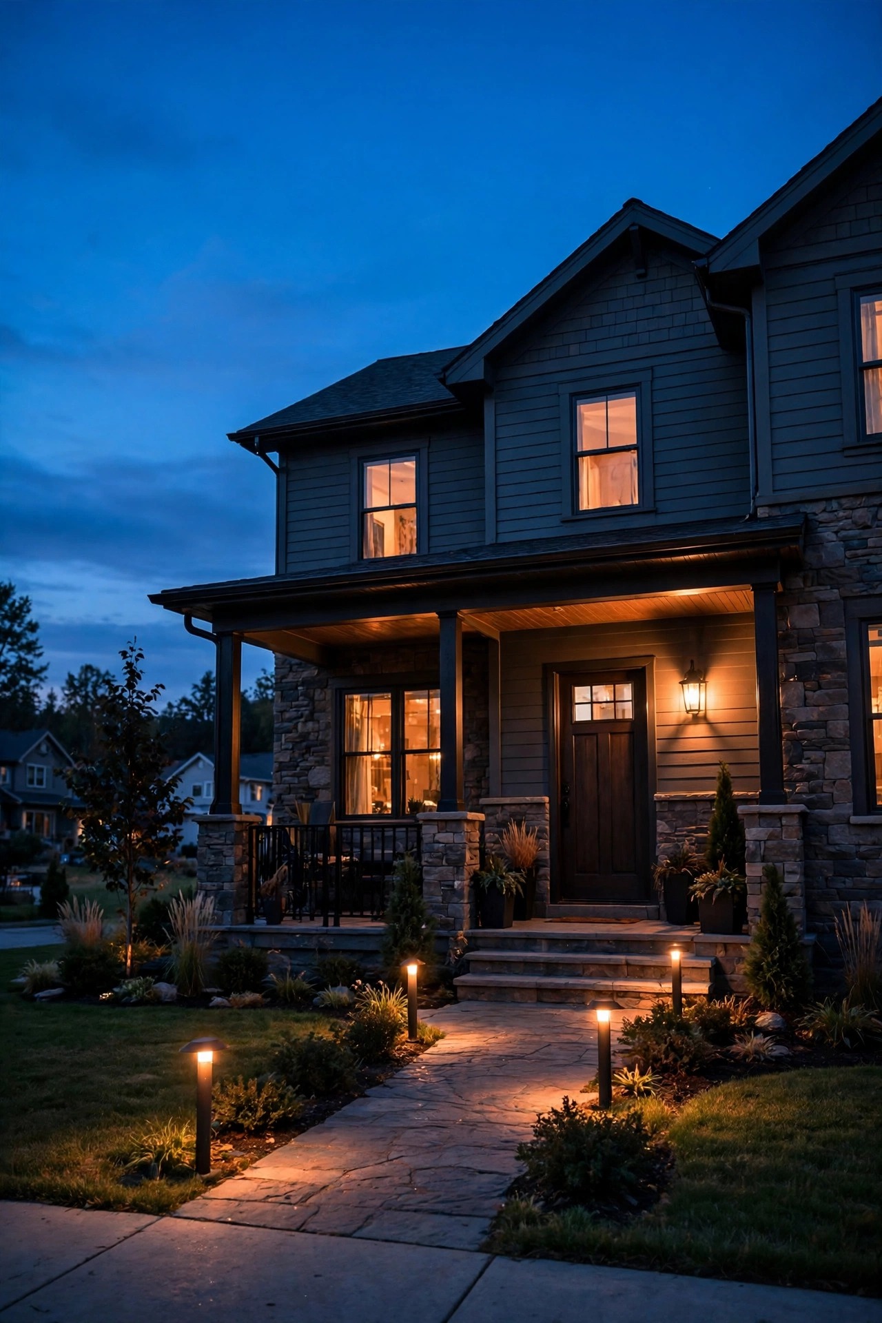 Neighbor friendly outdoor lighting on a suburban home at dusk, warm shielded porch light and low path lights glowing softly inside the property line