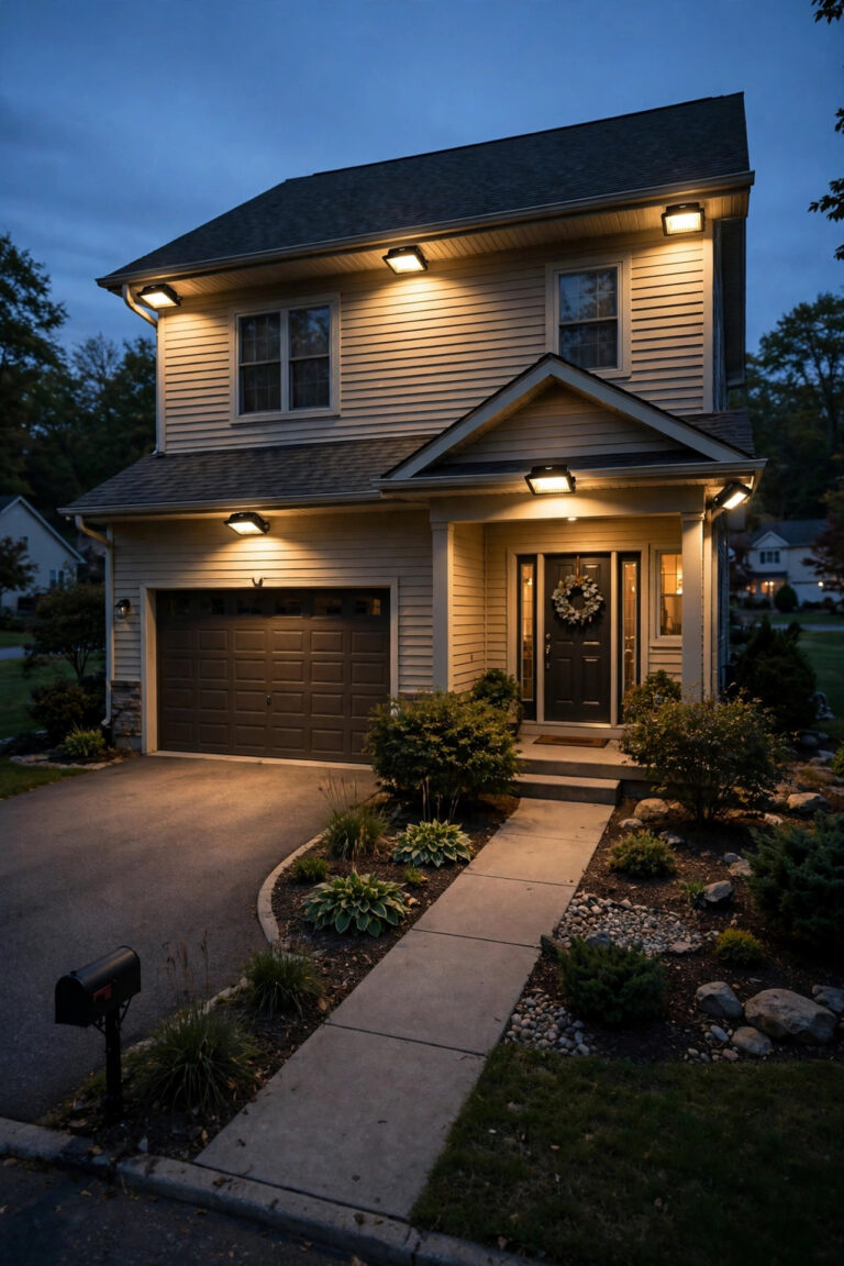 Suburban home at dusk with warm shielded security flood lights glowing softly over the driveway and front walk, no harsh glare