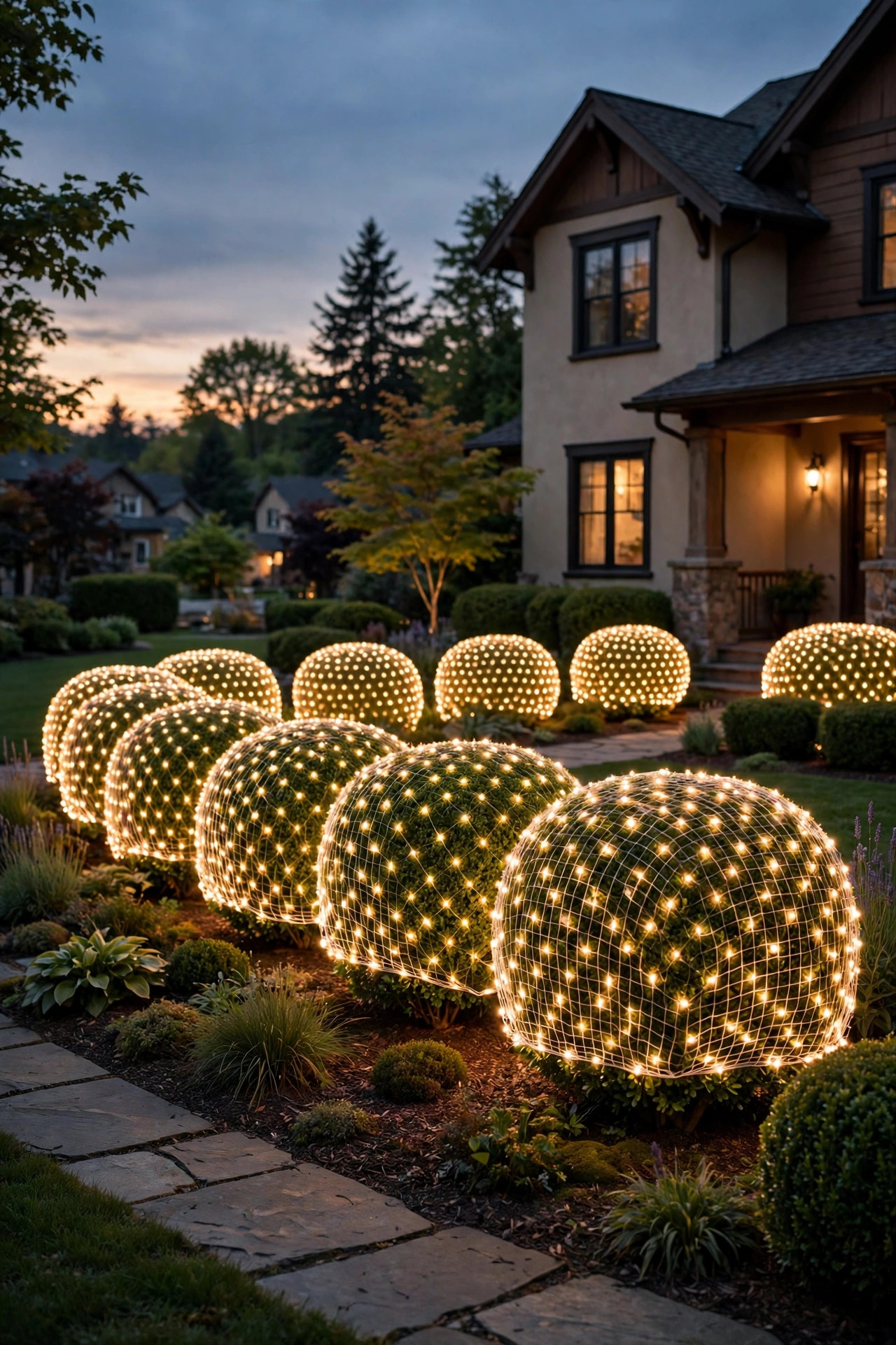 Front yard at dusk with warm white net lights for bushes glowing evenly over rounded boxwood hedges
