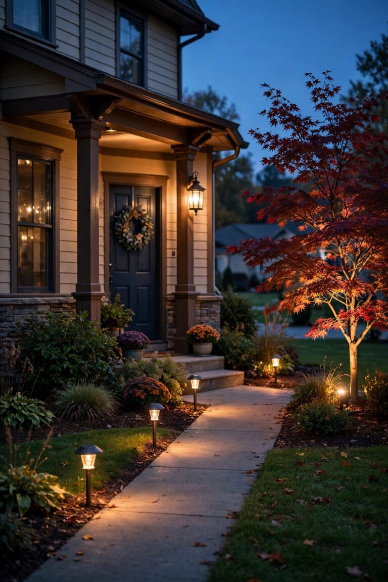 Photorealistic warm dusk view of a cozy suburban front yard with a glowing porch lantern, warm solar path lights along the front walk and soft uplighting on a small ornamental tree