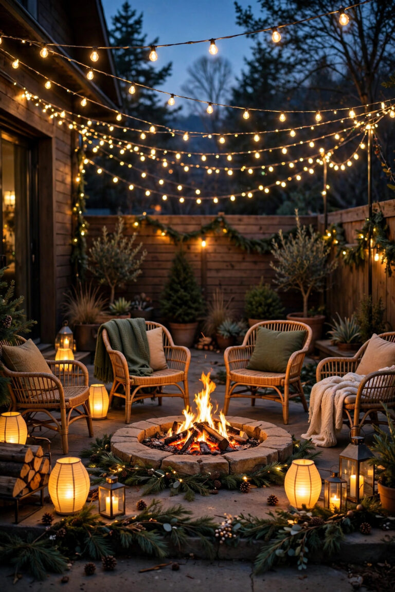 Backyard at dusk on New Year's Eve with a gold string light canopy, glowing lanterns, and a fire pit surrounded by chairs
