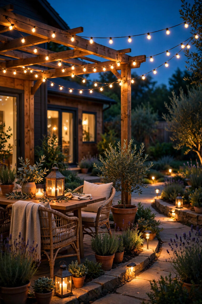Cozy backyard patio at dusk glowing with solar string lights, lanterns and path lights, no visible wiring anywhere
