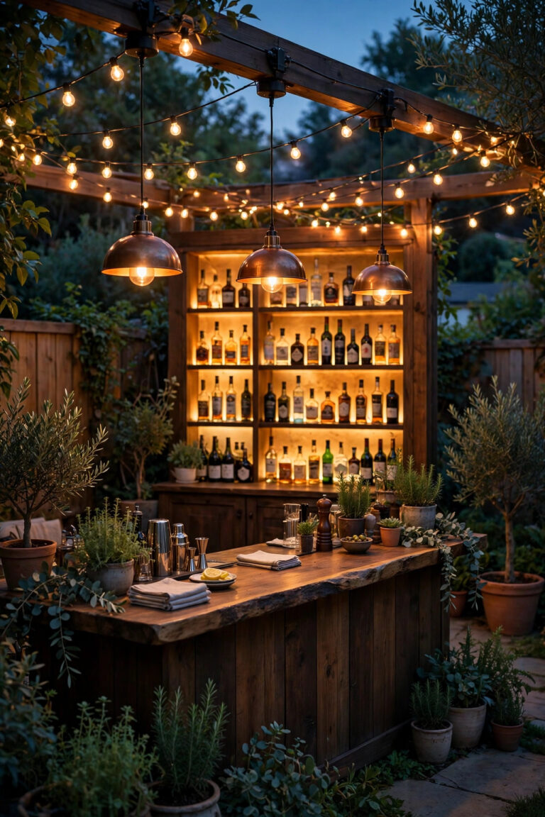 Backyard outdoor bar at dusk glowing with warm string lights, pendant lights over the counter and backlit bottle shelves
