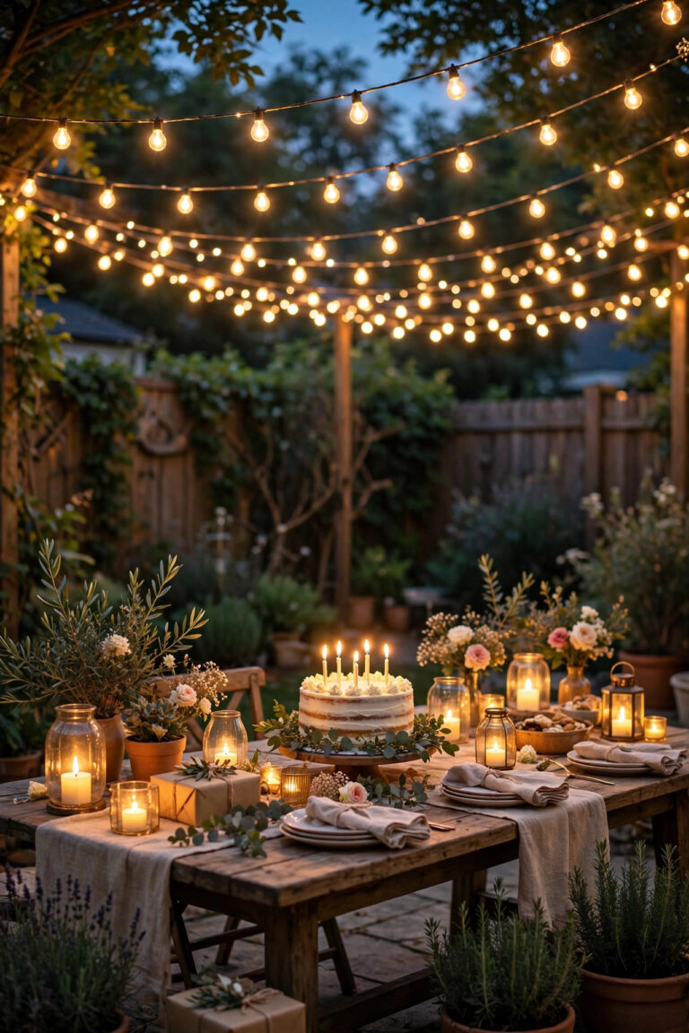 Backyard birthday party at dusk with warm string light canopy, glowing table lanterns and a cake table under festoon lights