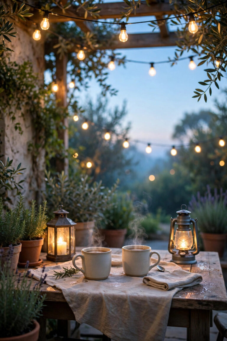 Cozy patio at dawn with warm string lights, glowing lanterns on a breakfast table and two mugs of coffee as the sky brightens
