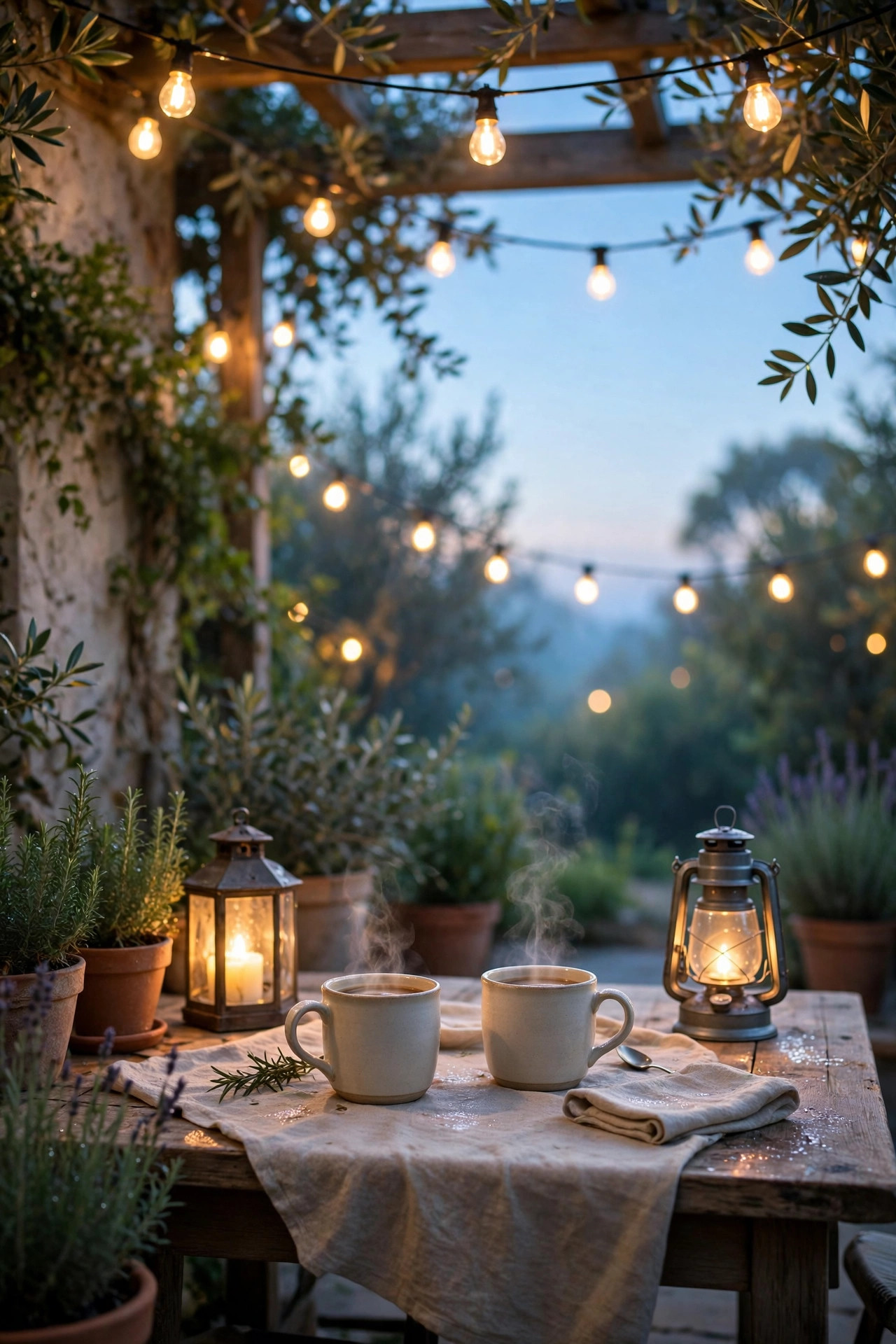 Cozy patio at dawn with warm string lights, glowing lanterns on a breakfast table and two mugs of coffee as the sky brightens