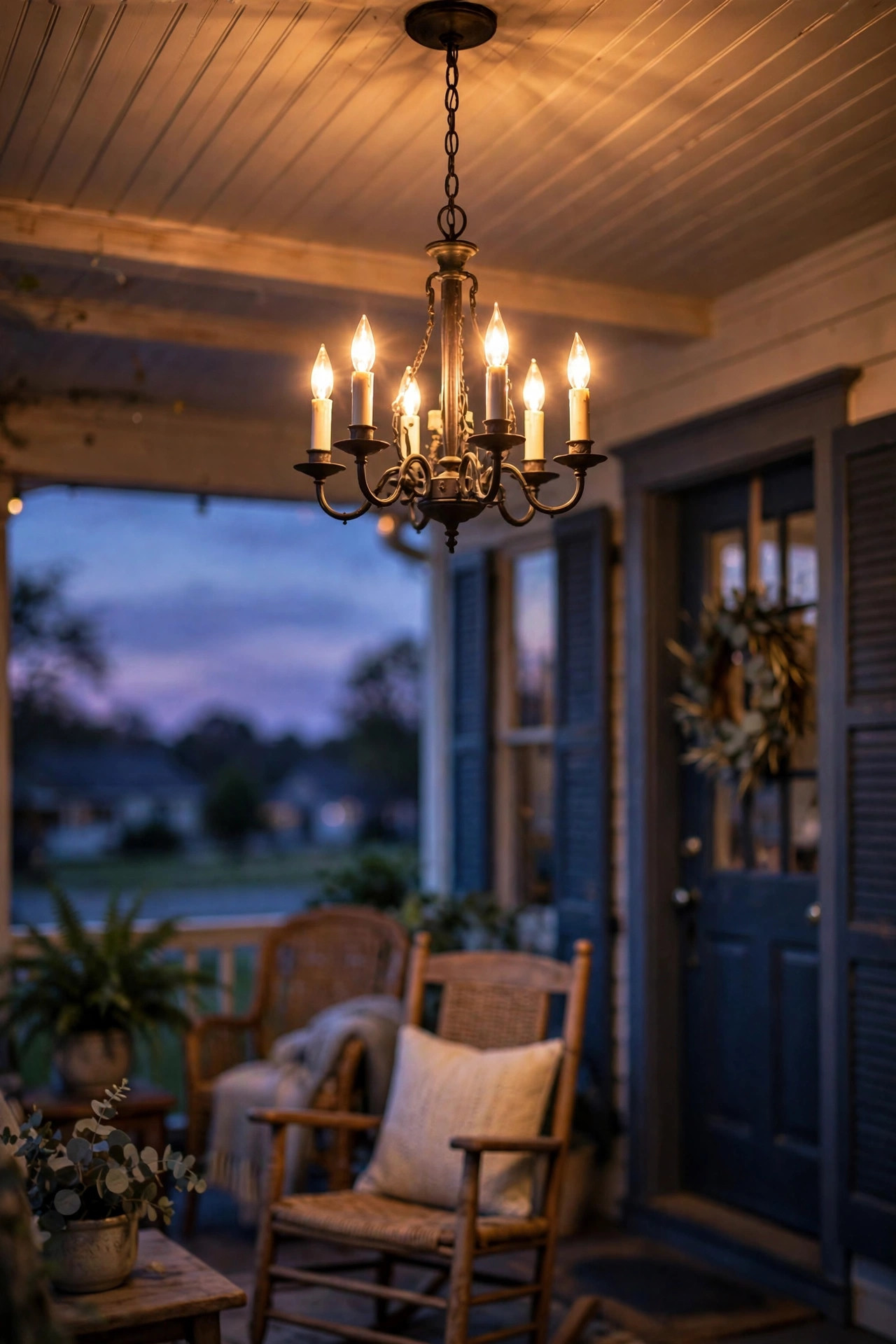 Warm glowing outdoor chandelier hanging over a cozy front porch at dusk