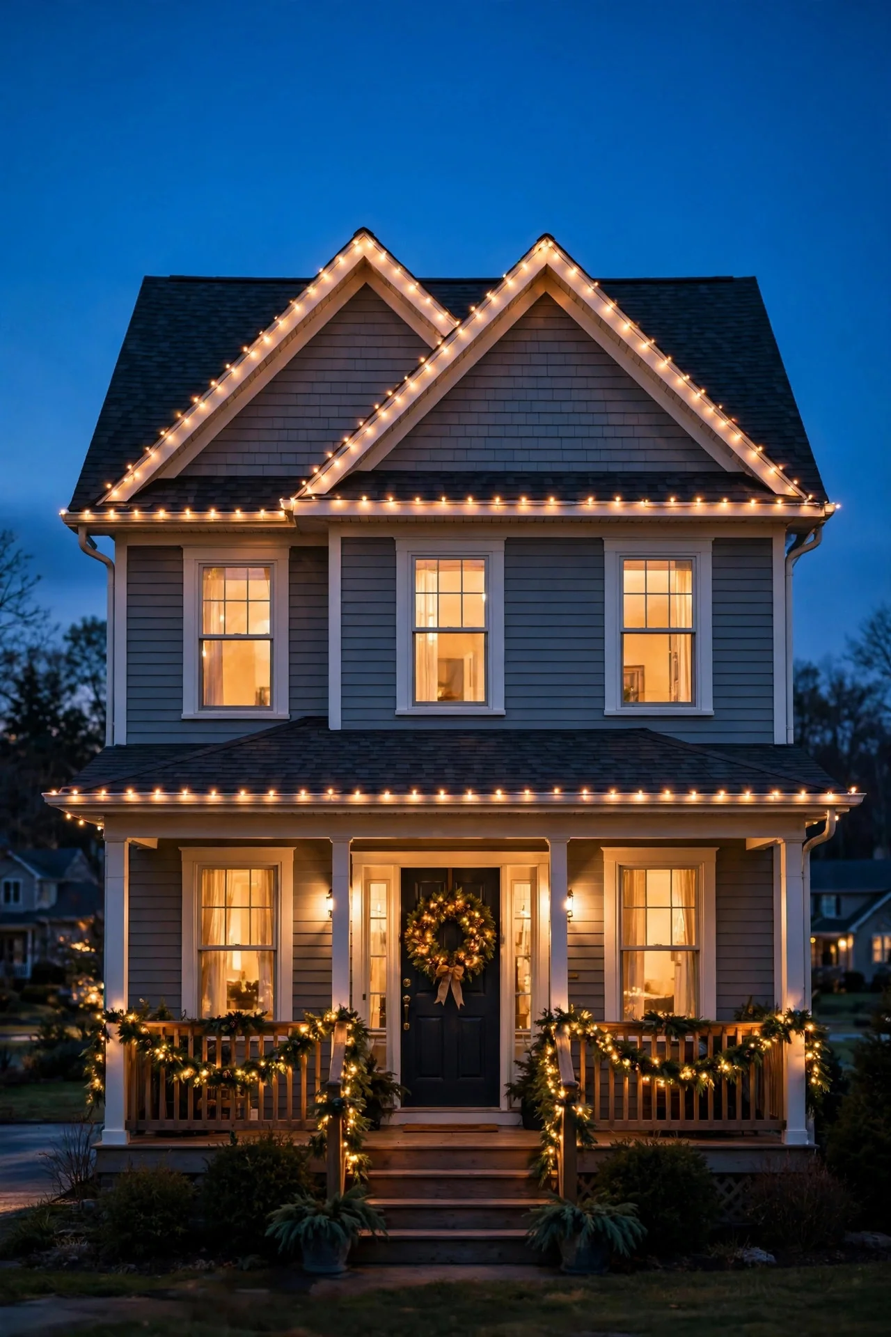 Two-story suburban home glowing at dusk with warm white Christmas roofline lights, wreath on the front door, and lit garland on porch railings