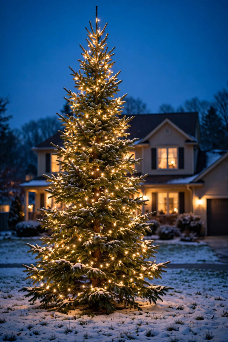 Front yard evergreen Christmas tree wrapped in warm white lights glowing at dusk