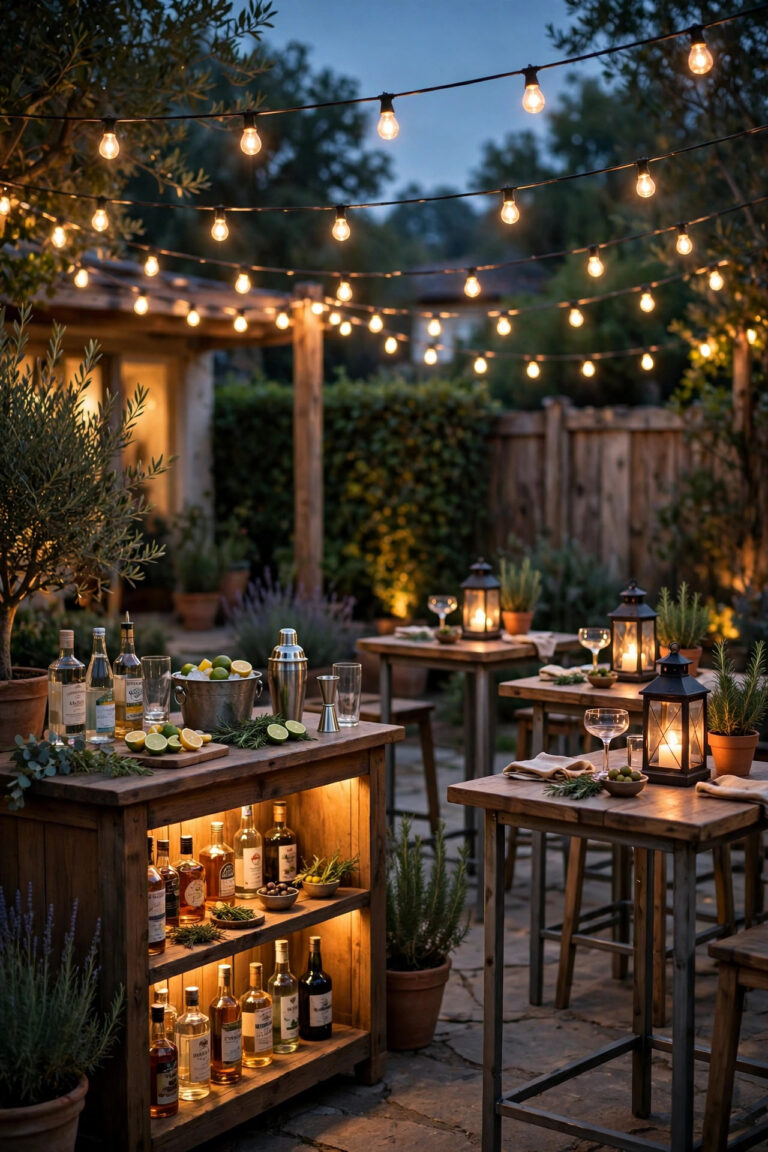 Backyard cocktail party at dusk with warm string lights overhead, a glowing bar station and lantern-lit high-top tables