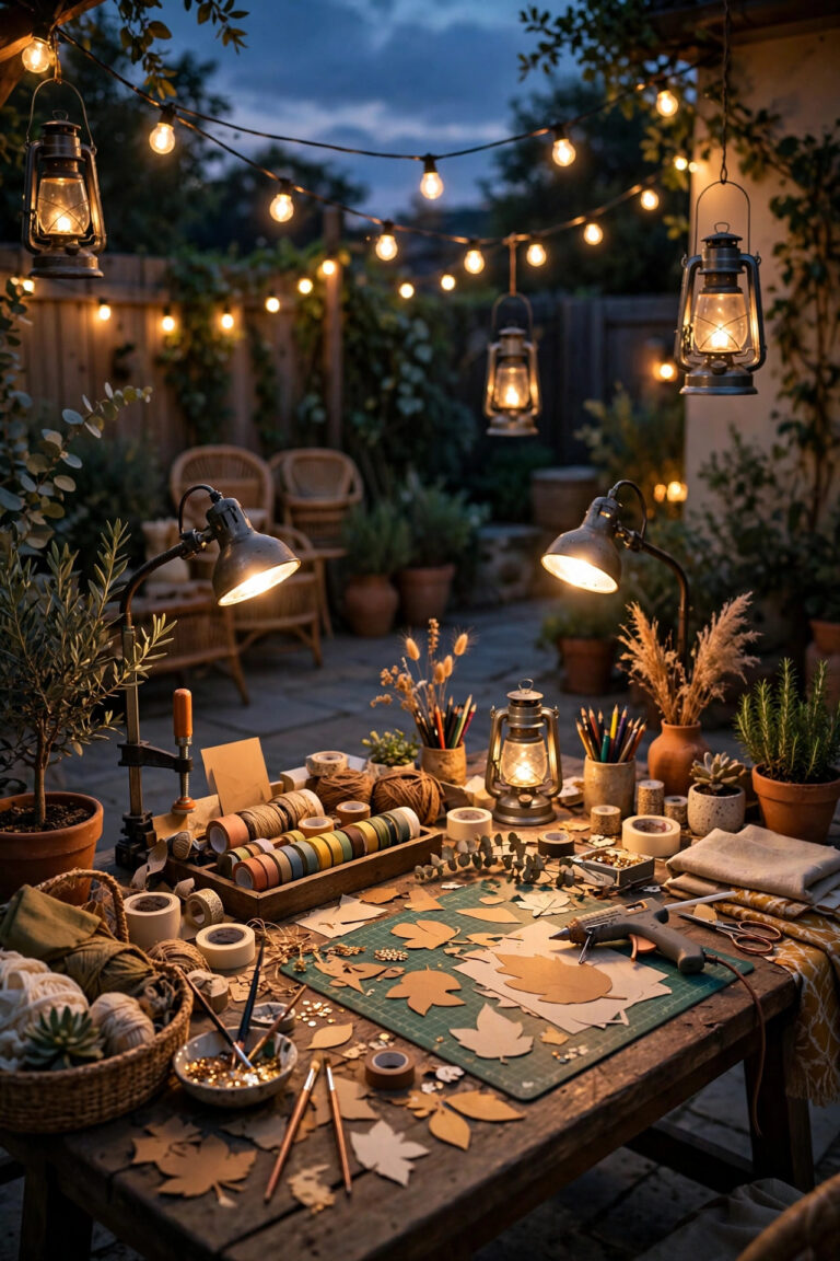 Friends craft table on a patio at dusk under layered warm lighting with clamp lamps, string lights, and lanterns for an outdoor craft night