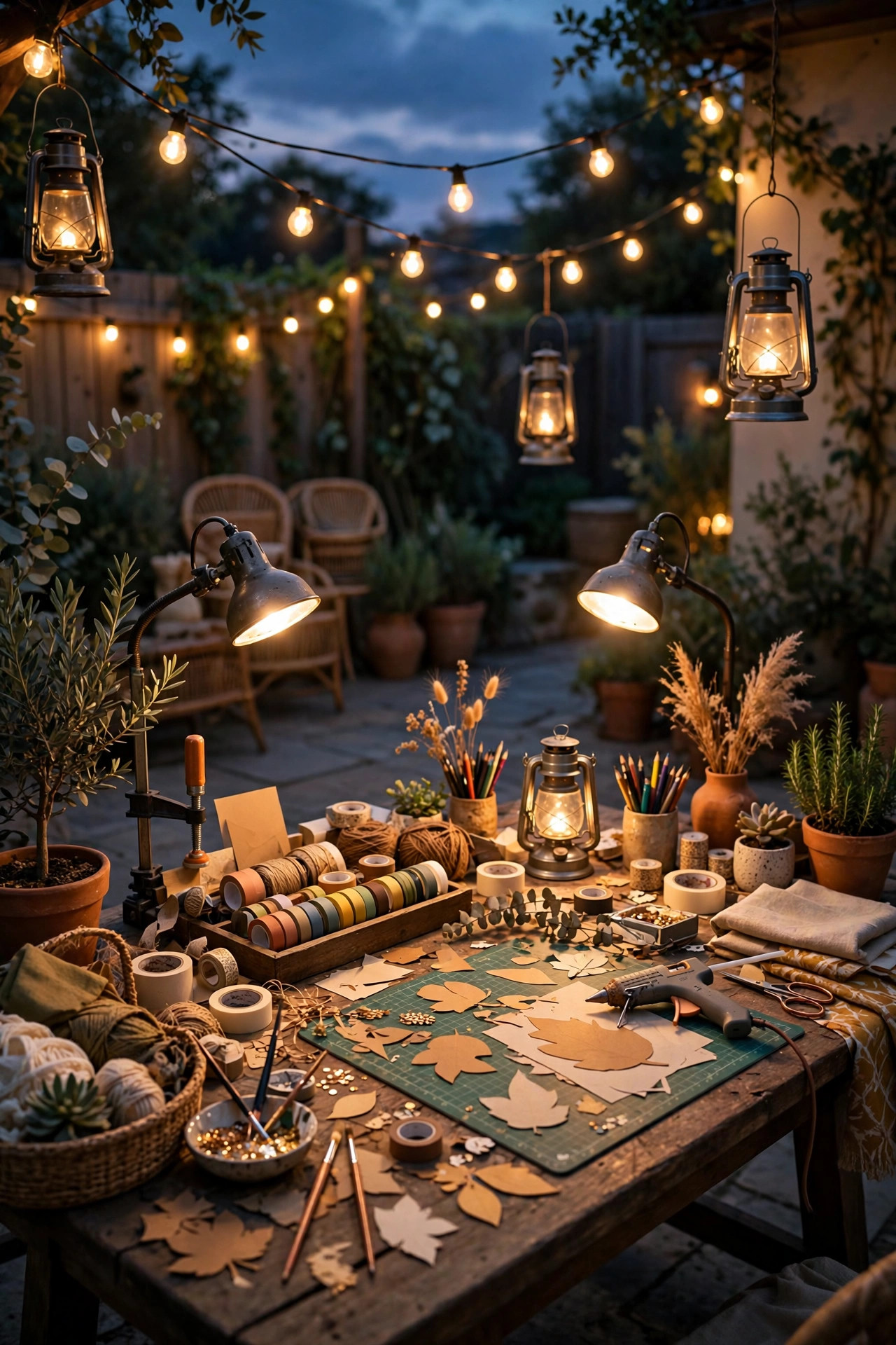 Friends craft table on a patio at dusk under layered warm lighting with clamp lamps, string lights, and lanterns for an outdoor craft night