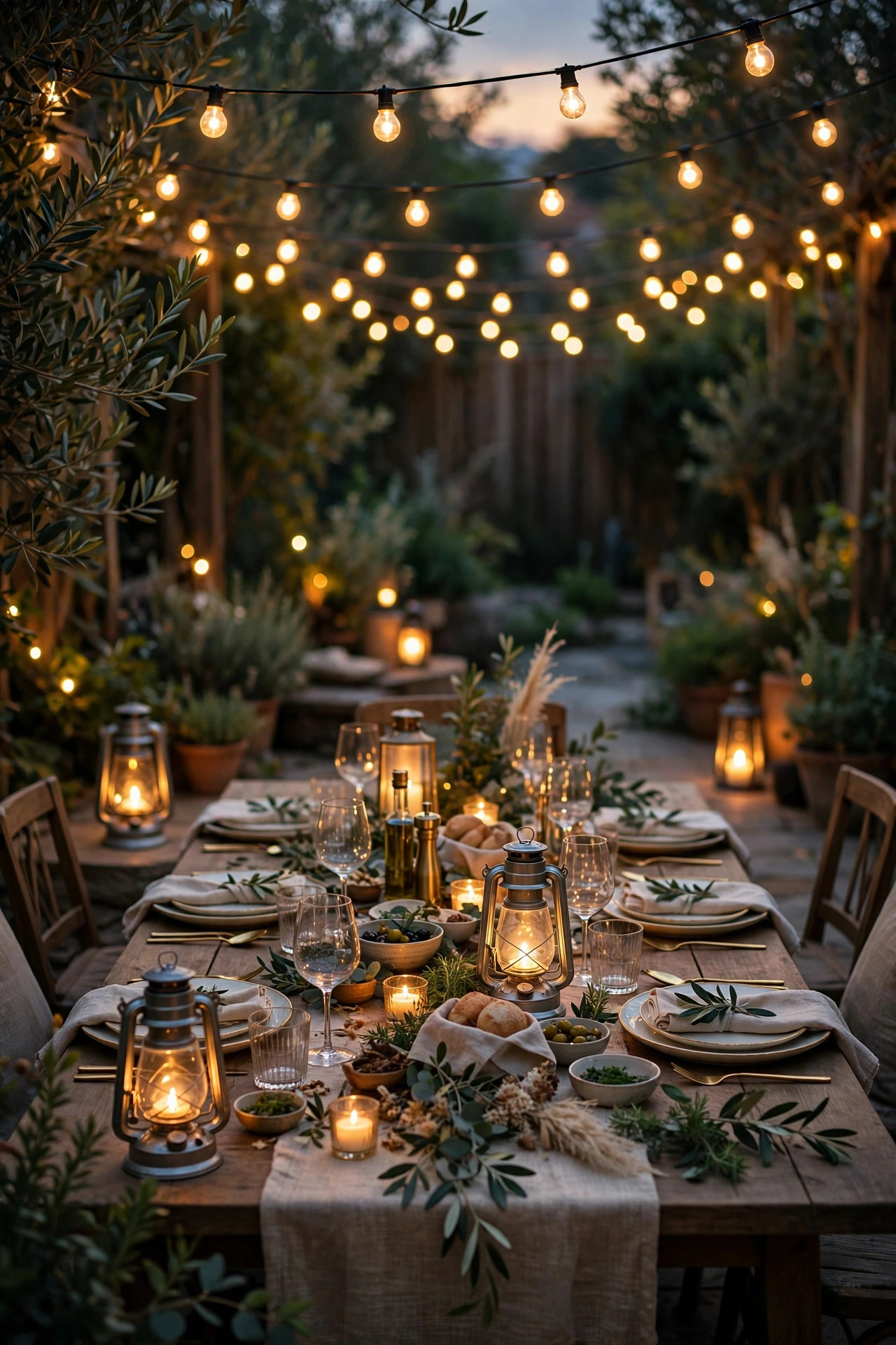 Outdoor dinner party table at dusk under a warm string light canopy with glowing lanterns and layered ambient light