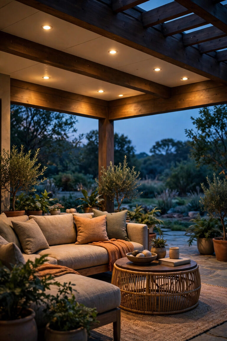 Covered patio at dusk with warm recessed downlights in the ceiling washing a seating area and pergola in soft golden light