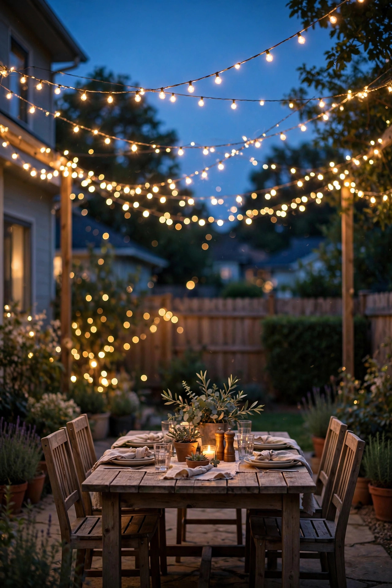 Backyard glowing with warm white fairy lights draped over a patio dining area at dusk