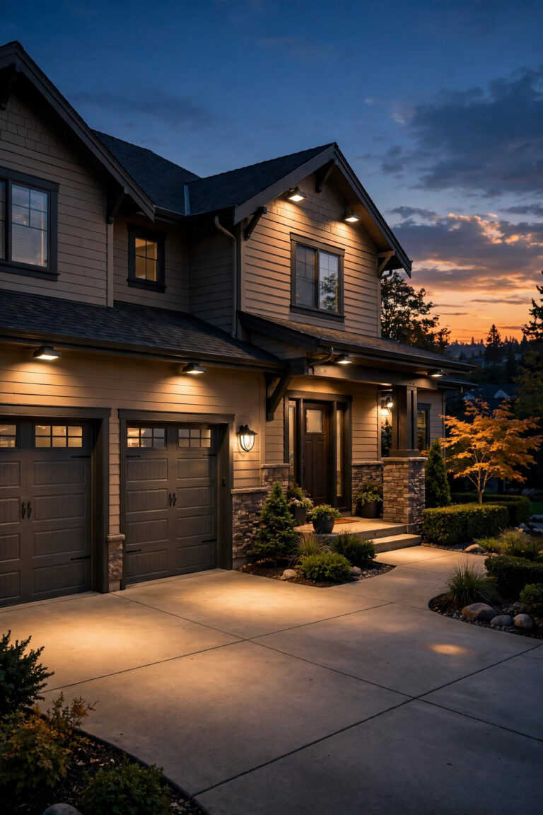 House exterior at dusk with properly placed outdoor flood lights washing the driveway and entry in warm light without harsh glare