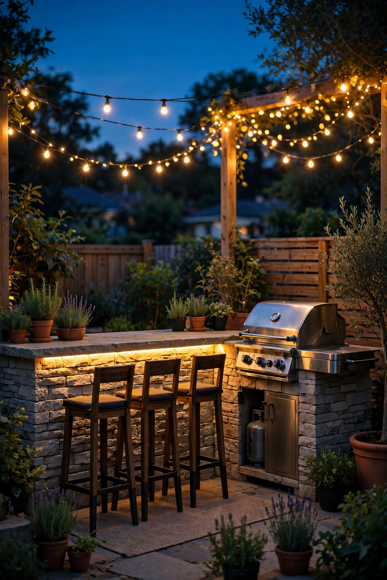 Outdoor kitchen glowing warmly at dusk with grill station, string lights over bar seating and LED strips under counters
