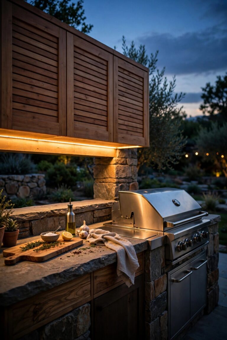 Outdoor kitchen at dusk with warm LED under cabinet lighting glowing over a stone prep counter beside a grill