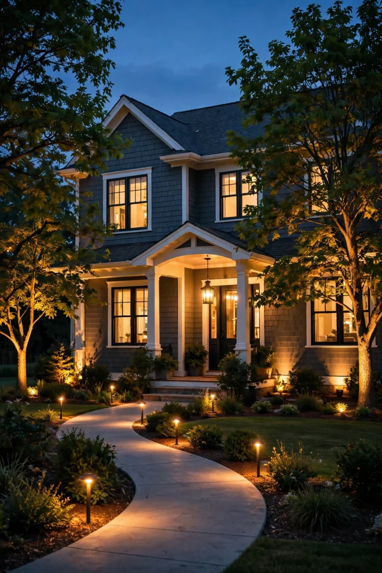 American suburban home at dusk glowing with warm outdoor light color temperature lighting on porch and landscape